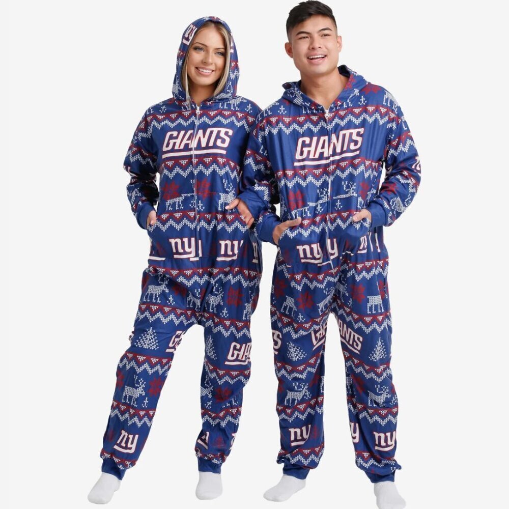 NFL New York NY Giants Fair Isle One Piece Ugly Pajama Holiday Hoodie Adult L
